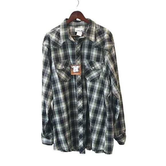 Wrangler Mens XXLT Green Plaid Flannel Long Sleeve Shirt Pearl Snaps NWT - Picture 1 of 7